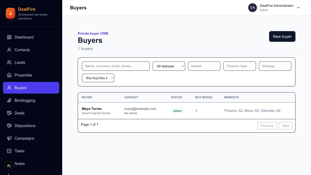 DealFire buyers workspace showing investor buyers and acquisition criteria